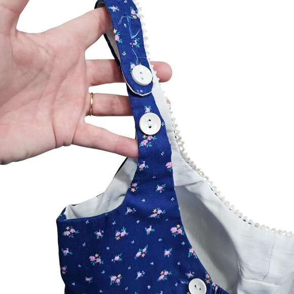 Vintage‎ 70s Blue Floral Cotton Womens Bra White Lace Trim Button Molded Cups 12 - Picture 8 of 10